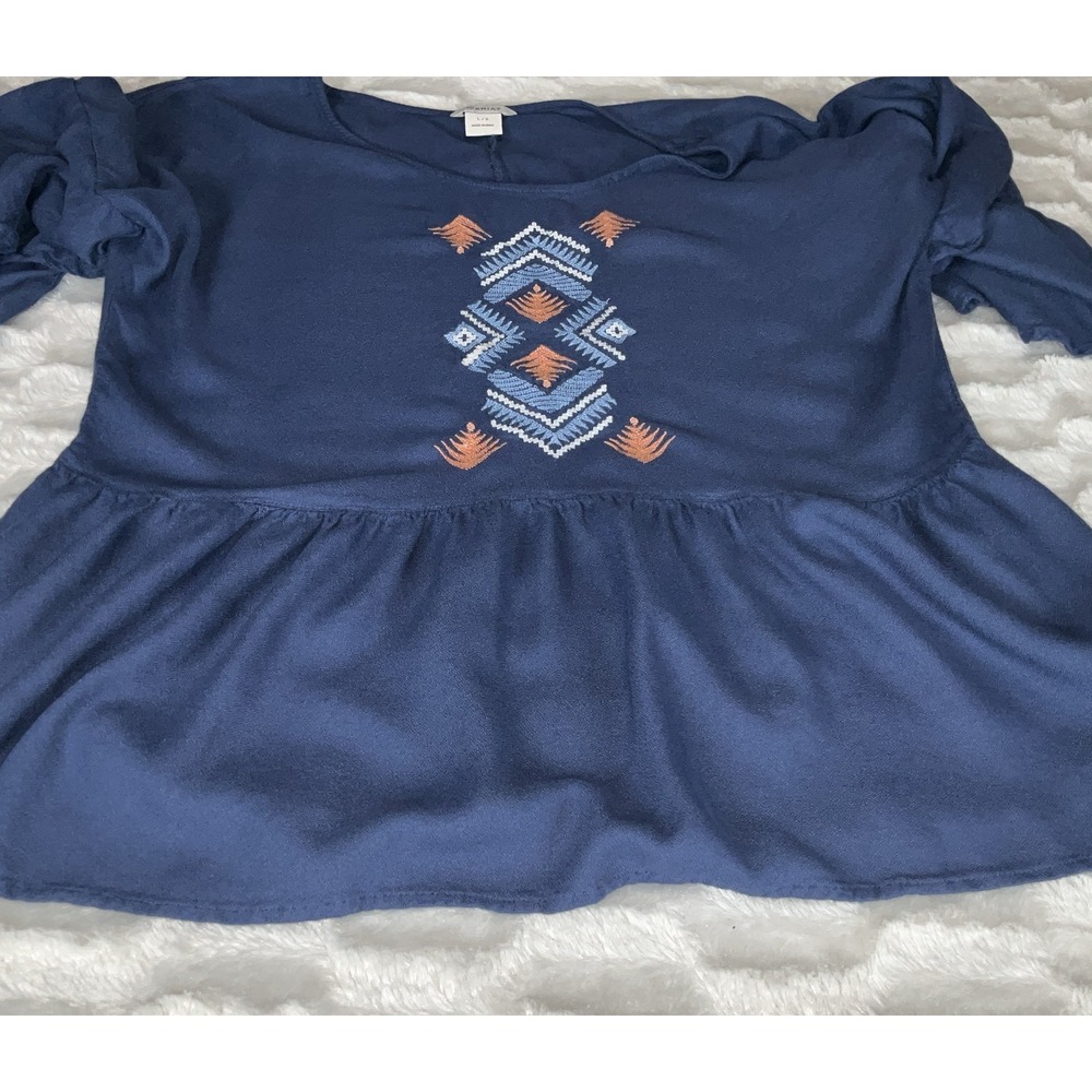 Ariat Women's Large Indigo Blue Fade Saloon Southwestern Top  Aztec Print Peplum - Picture 6 of 11